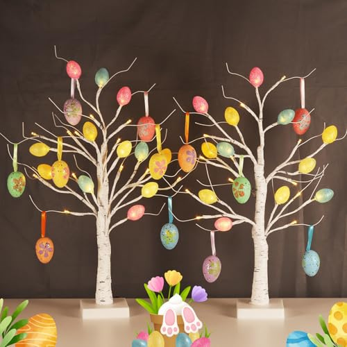 [Timer] 2 Pack Easter Birch Tree with Light, USB or Batteries Operated with Timer, Artificial Tree Light 24 inch with 36 Eggs Indoor Hanging Ornaments for Easter Party Decoration