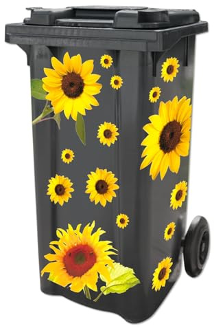 3 PAGEN® Mülltonnenaufkleber Sonnenblume – Mülleimer Aufkleber - Sticker für die Mülltonne - Blumenmotiv – wasserfest, langlebig & selbstklebend – Größe 3-21cm -15 Stück