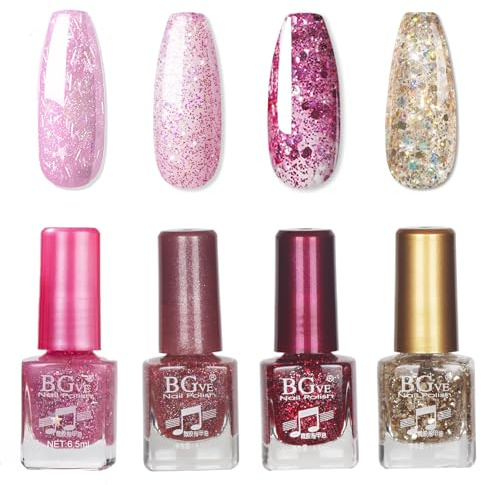 4-Colors Nail Polish Set - Varnish Kit With Sparkle Pink Gold Glitter - Long Lasting Quick Dry for Women Girls Manicure