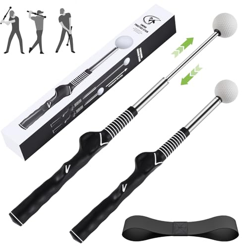 MIKOSI Retractable Golf Swing Trainer, Golf Grip Trainer and Golf Training Aid for Chipping Hitting & Grip Correction, Golf Swing Practice Stick with Arm Band for Right/Left-Handed, Indoor/Outdoor