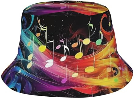 Chapeau cloche d'été avec note de musique arc-en-ciel pour homme et femme - Chapeau de pêche pour voyage, plage, golf, noir, taille unique