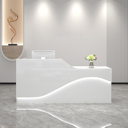 BAYTEWJX Scrivania Reception Ufficio Banco Vendita Banconi per Reception Grandi con Cassetto Bloccabile e Vassoio per Tastiera e la Luce per Ufficio Sale Aziendali Hotel.(White,140x50x100cm)