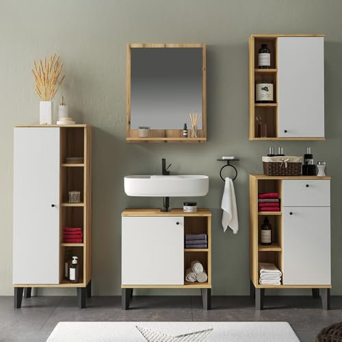 Lomadox Badmöbel-Set 5-teilig mit Waschbeckenunterschrank 60 cm, Spiegel, in Eiche und weiß, modern