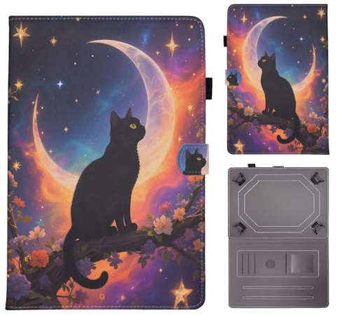 Bemoloon PU Tab Hülle Kompatibel mit Universal 10-11 Mit lebendigen Farben & Mustern, Ständer, Kratzfest Schutzhülle für DOOGEE Blackview Tablet 10, Mondschein-Katze