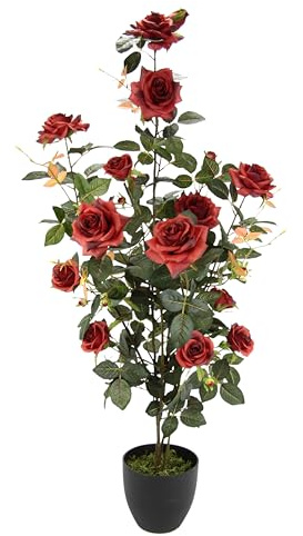 Künstlicher Rosenbusch im Topf 115 cm – Große Kunstpflanze mit roten Rosen – Edle Kunstblumen Deko für Wohnzimmer, Flur, Büro, Balkon & Terrasse – Pflegeleichter Rosenstrauch künstlich & naturgetreu