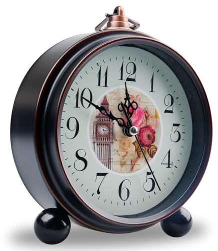 GOEDCH Sveglia romana analogica: 5,3 pollici, classico orologio da tavolo retrò europeo, in metallo, stile retrò, silenzioso, senza ticchettio, per soggiorno, camera da letto (bianco)