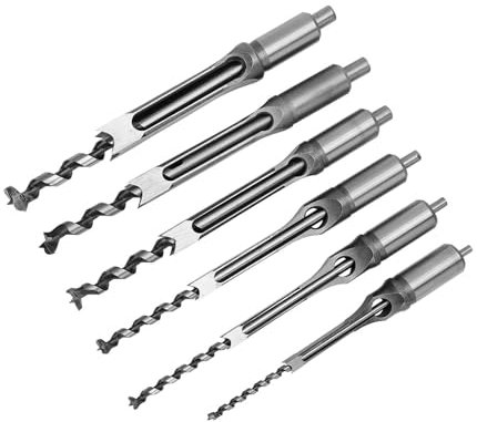 BRRNOO Square Hole Saw Auger Drill Bit, Professional Chisel Woodworking Tool for Construction, 6Pcs Mortising Drill with Different Slot Diameter, Great Accessory for Mortising, Chisel,