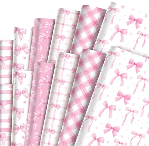 12 fogli di carta da regalo con fiocco rosa, per compleanno, con grazioso fiocco rosa, per festa della mamma, San Valentino, Pasqua, baby shower, feste