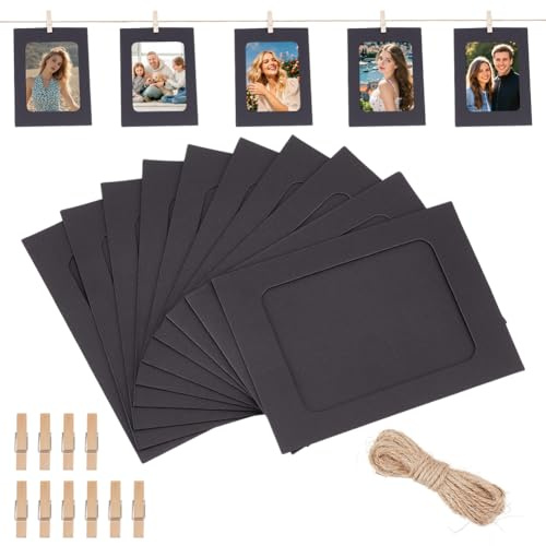 PH PandaHall 100pz Cornici di Carta per Foto Nero Cornice Portafoto in Carta, 15.5x11.2 cm Portafoto de Parete con Clip di Legno e Corda di Canapa per Decorazione Matrimonio e Feste