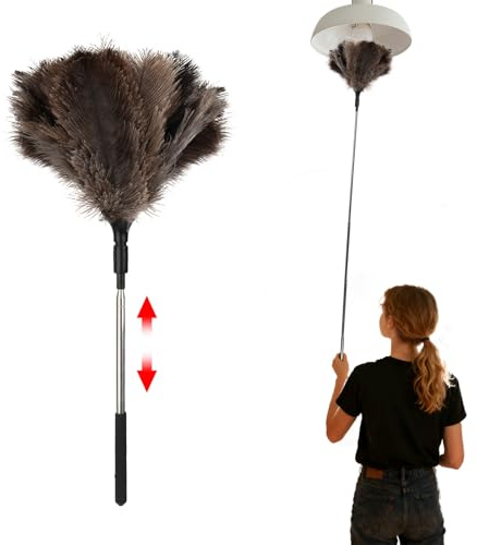 Ostrich Feather Duster Extendable - 7-47in Ostrich Feather Dusters with Telescopic Handle, Reusable Long Duster for High Ceilings, Fans, Lights, Furniture, Cobwebs, Car, Office