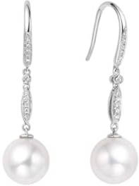 KnSam Orecchini in oro bianco 18 carati 750, con perle da donna, 7,5 – 8 mm, taglio rotondo bianco, orecchini in stile Liberty con moissanite oro 18 carati