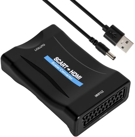 Scart till HDMI-omvandlare 720p/1080p adapter med USB-port, scart-ingång till HDMI-utgång, ingen backning, plug and play för TV, bildskärm, projektor, kompatibel med DVD, P