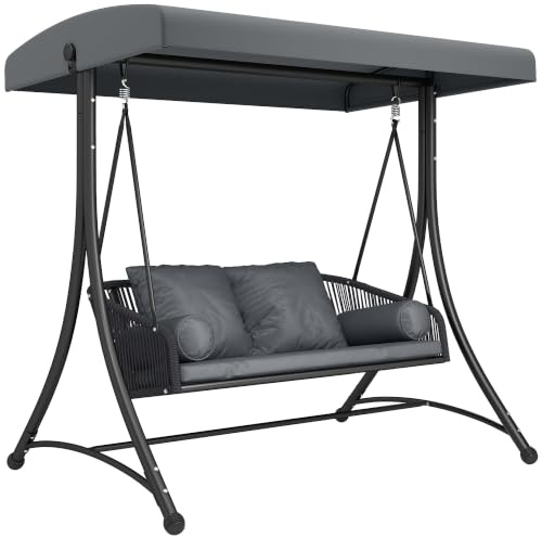 Outsunny Hollywoodschaukel Rattan 2-Sitzer 178 x 120 x 172 cm Dunkelgrau | Gartenschaukel, Verstellbarem Sonnendach, Weichem Kissen, A-Rahmen, Schaukelbank Belastbar Bis 240kg, für Garten Terrasse
