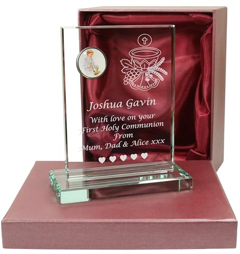 De Walden Boy's 1st Communion Gift Personalised Engraved Glass First Holy Communion Gift for a Boy in a Silk Lined Box