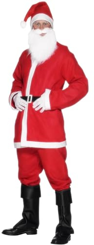 Smiffys Men's Deluxe Santa Suit Costume, Father Christmas Outfit with Jacket, Trousers, Beard, Hat & Belt, Perfect for Christmas Fancy Dress & Holiday Parties, Santa Adult Dress Up Outfits, X-Large