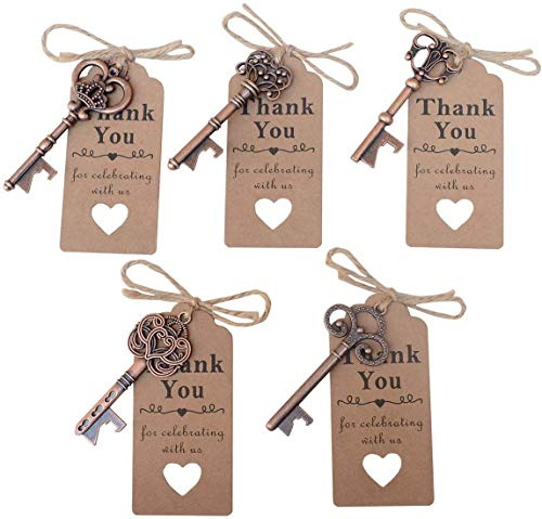50 Pcs Copper Skeleton Key Beer Bottle Opener With 100 Pcs Thank You Card and 98 Feet Hemp Rope for Wedding Party Favors( 50pcs Copper)
