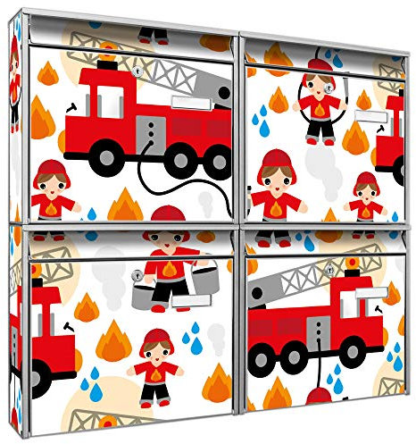 banjado Briefkastenanlage 4 Fach - Postkästen groß - verzinkter Stahl Silber DIN A4 Motiv Feuerwehr - Briefkasten Set 4 Briefkästen Namensschild, 2 Schlüssel, Montagematerial