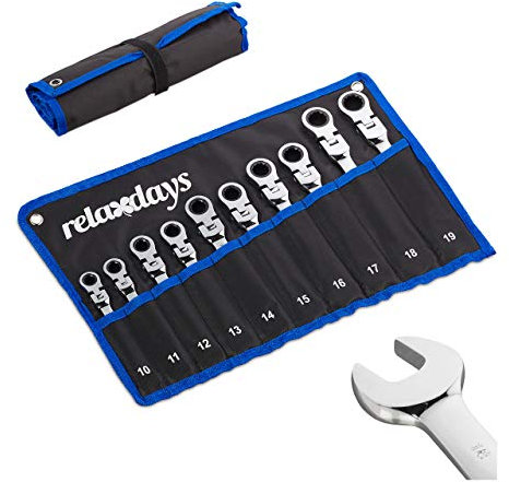 Relaxdays Schraubenschlüssel Set 10-teilig, Maul- & Ringschlüssel mit Ratsche & Gelenk, 10-19 mm, mit Tasche, schwarz