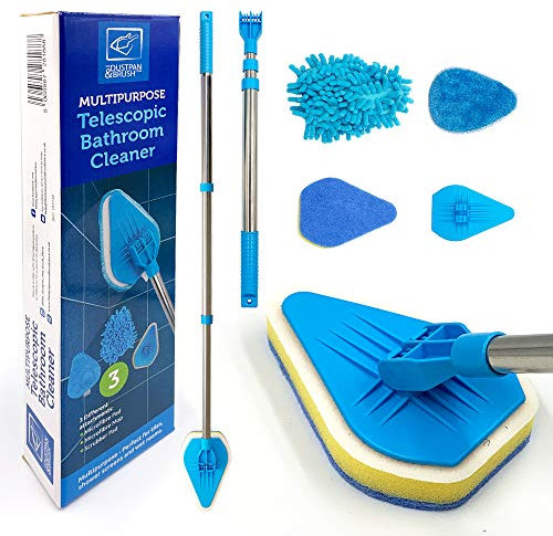 Accessorio per la pulizia delle piastrelle del bagno e della doccia, telescopico, con spazzole (kit telescopico per la pulizia del bagno)