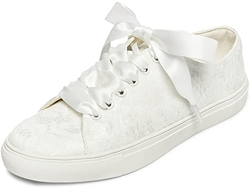 JIAJIA 8831Y Mariage des Chaussures De mariée Baskets Appartements Mariée Tennis des Chaussures Dentelle Baskets Couleur Ivoire, Taille 42 EU