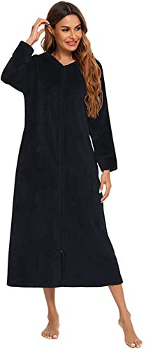 BaJooruly Damen Langer Warmer Bademantel Reißverschluss Fleece Plüsch Nachtwäsche Weich Casual Hauskleidung