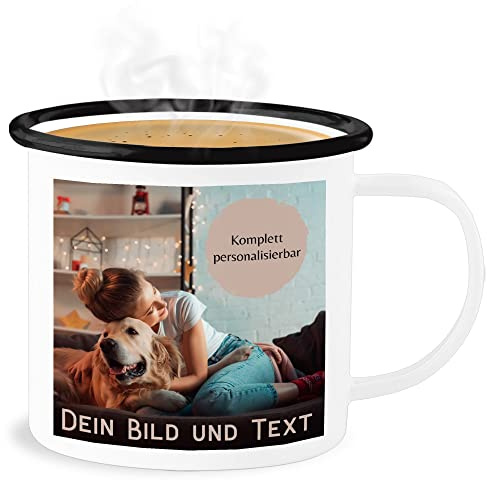 Emaille Becher Blechbecher - eigenem - Foto Bild Geschenk I Dein Bild und Text - 300 ml - Weiß Schwarz - fototasse tassen bedrucken selbst drucken logo tasse fototassen selber gestalten foto-becher