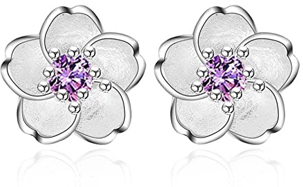 CERSLIMO Silver Stud Earrings for Women Girls, Silver Flower Stud Earrings with Pink Cubic Zirconia | White Gold Hypoallergenic Jewellery Earrings Gifts for Gilrs Christmas Birthday Daily Wear
