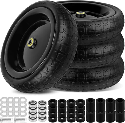 phepetroll 13 Inch Flat Free Wheels Tires 4.00-6 Solid with Universal 5/8 Axle Bore Hole, 16 Spacers and 8 Pins, for Wheelbarrow, Garden Wagon, Hand Truck, Trolley, Lawn Mower, 4 Pack