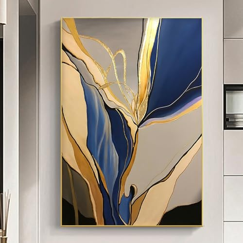 BACKYMRJCART Blau Gold Abstrakte Wandkunst 40,6 x 61 cm ohne Rahmen, Leinwanddruck, Hochformat, UV-beständig, Langlebig, Wohnzimmer, Schlafzimmer, Badezimmer, Esszimmer, Küche
