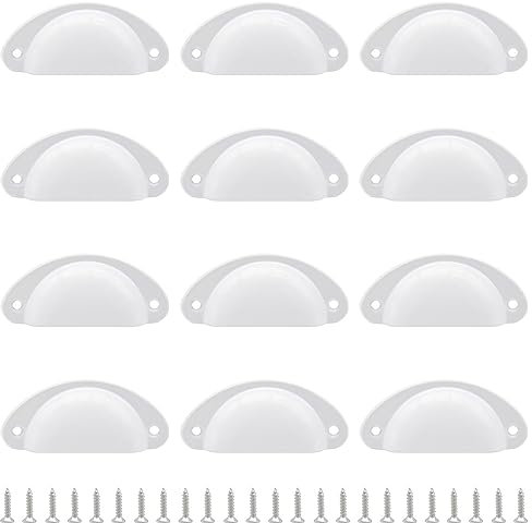 Hocansen 12 tiradores de metal de 81 mm con forma de concha blanca, mango semicircular con tornillos para armario, armario y cajón (blanco/LS-BK)