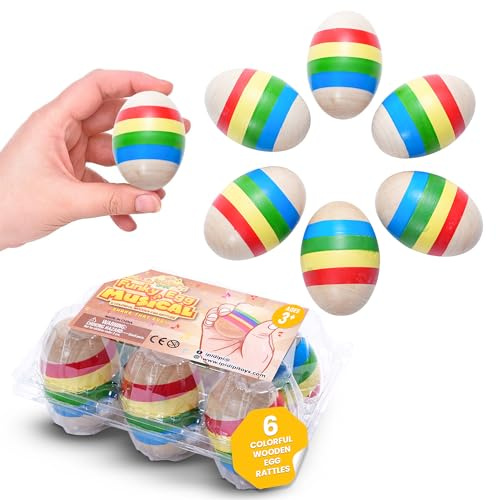 IPIDIPI TOYS Easter Egg Shakers Maracas for Kids – Pack of 6 Wooden Musical Percussion Instruments – Montessori Sound Toy – Easter Basket Stuffers, Easter Egg Hunting, Goodie Bag Fillers