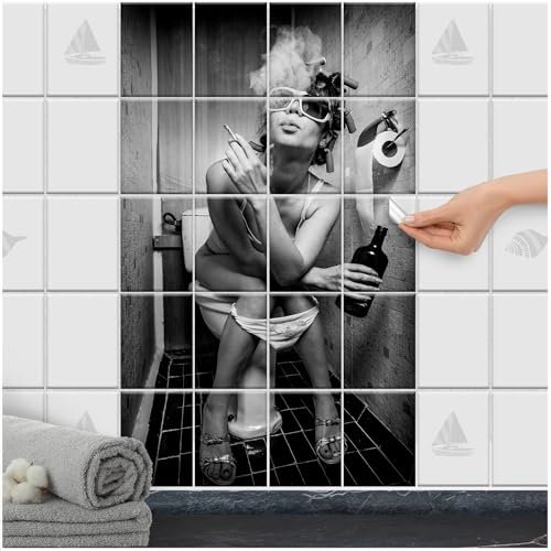 FoLIESEN Fliesenaufkleber - Klebefliesen zum Fliesen überkleben für Bad, Badezimmer, Gäste-WC - selbstklebende Fliesen - Locken und Laster, Fliese - Bild (BxH):15x20 cm - 60x100 cm / 20-tlg.