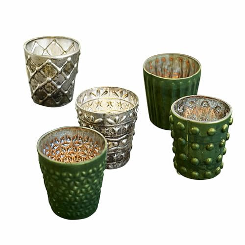 Loberon Windlicht 5er Set Morazan, stilvolles Antik-Finish, faszinierende 3D-Verzierungen, Dekoration, Teelichthalter, Glas, grün/braun
