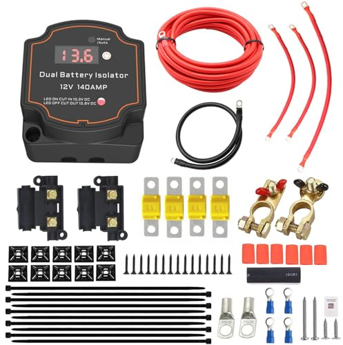 Heart Horse Kit de Relé Sensible al Voltaje,Kit de relé de carga dividida de 12V 140A con voltímetro LED Modo manual/auto kit relé segunda bateria con Cable de 6 m para camión RV barco