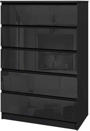 Modern High-Gloss Drawer Panels Chest of Drawers, 3/4/5/6 Drawer Wooden Dresser with Metal Runner Bedside Table No Handle Sleek Design Storage Organizer Unit for Living Room Bedroom (Black, 5 Drawers)