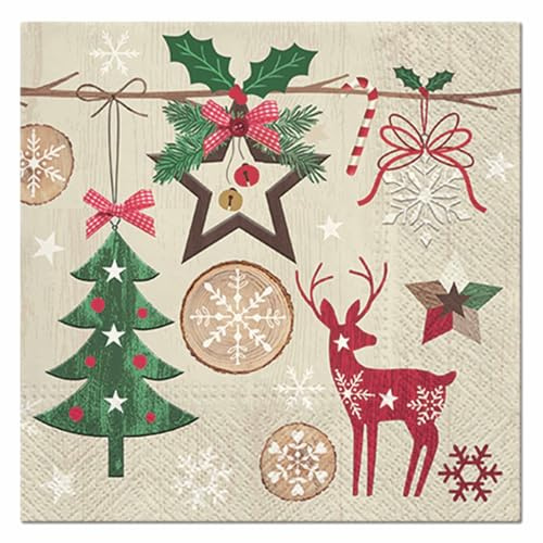 Homéa, Set mit 20 Papierservietten, 3-lagig, 33 x 33 cm, rustikales Weihnachtsmotiv