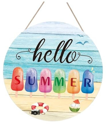 perfk Panneau de Bienvenue D'Été en Bois, Plaques Décoratives de Plage, Décoration Murale, Ornement pour Jardin, Intérieur, Maison, Cour, Porte D'entrée