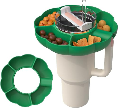 FIYSON Snack Bowl for Stanley Cup 40 oz, Silicone Snack Ring, Snack Tray, Reusable Snack Plates, Snack Holder, Snack Lid for Sweets, Appetizers, Nuts (5 Compartments, Green)