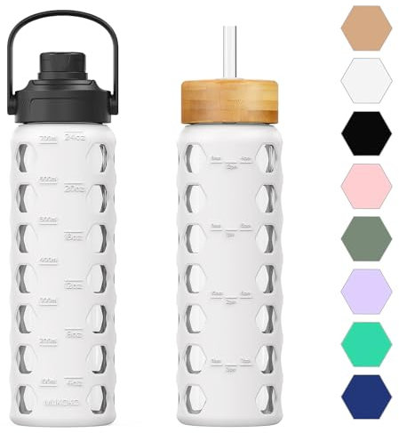 HYDRAGLAZIC 700ML Glaswasserflasche mit 2 Deckel Flip und Bambusstroh Deckel Sport Wasserbecher mit Zeiterinnerung und Silikonhülle Auslaufsicher BPA-frei, Weiß