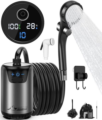 WADEO Portable Camping Shower, [Powerful] [10 Adjustable Gears], Upgraded Rechargeable Battery Shower Pump, Outdoor Shower Kit for Beach, Pet, Travel, Car