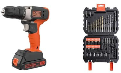 BLACK+DECKER BCD001C1-QW Trapano Avvitatore a batteria 18 V, 1 batteria 18V - 1.5Ah & A7188-XJ Set per Forare (20 Punte Miste e 30 Accessori per Avvitare), 50 Pezzi, Set di 50