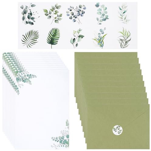 Briefpapier mit Umschlag Set, Naturpapier Schreiben Set mit 10 Umschläge, 10 A5 Briefpapier und 1 Aufkleber, Briefumschlag Briefpapier Set mit Eukalyptus-Zweigen, für Hochzeit, Geburtstag