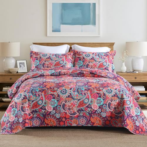 VISIMISI Baumwoll-Bettwäsche-Sets Umkehrbare Tagesdecken-Sets Komfortable Paisley-Blumen-Bohemian-Tagesdecke, Böhmischer Roter Wunderschöner Muster, King-Size
