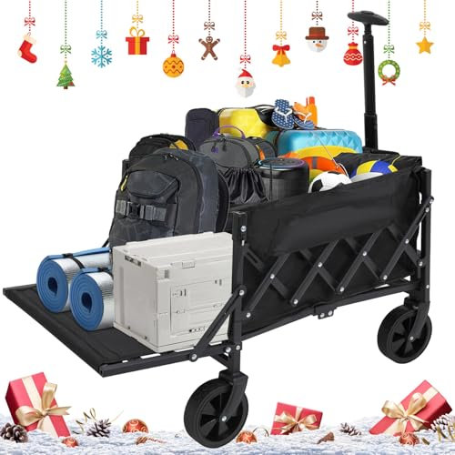 Folding Festival Trolley Carts, Garden Wagon Carts with Adjustable Handle and Cup Holders, Collapsible, Protable Foldable Wagon for Camping, Shopping, Fishing, Gardening, and Beach Trips
