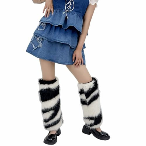 Sanrlo Socken für Damen, Pelz, Beinwärmer, Winter, pelzig, lange Stiefelstulpen, flauschiges Party-Kostüm für Urlaub, Festival, Aufführungen, Spielen, Zebra-Leopardenmuster, M-3XL