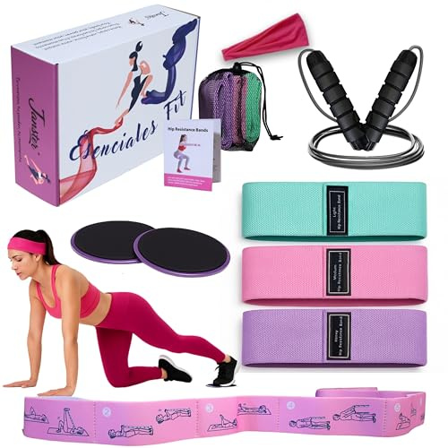 Kit Basique Gymnastique Materiel, Bande Elastique Musculation en Tissu, Yoga, Pilates, Fitness, Squats, Pont fessiers. en Boîte Cadeau pour Femme (Pack Basique)