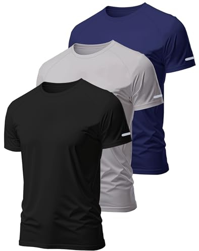 Hioutdoor Sport T-Shirts Men's for Pack of 3 or 5, Functional Fitness Short-Sleeved Shirt, Men's Breathable Quick-Drying Training Shirt, Running Shirt, Short-Sleeved Bodybuilding, M