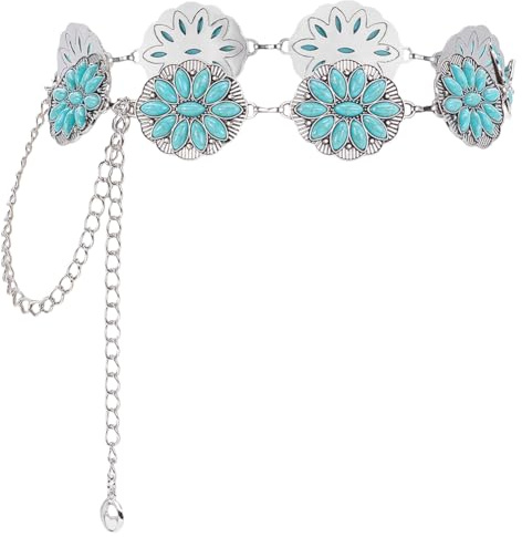 UNICRAFTALE 1Pcs 61cm Long Turquoise Belt for Summer Women Western Turquoise Oval Link Waist Belts Chains Metal Belly Link Antique Silver Adjustable Waist Belting for Summer Jeans and Dress