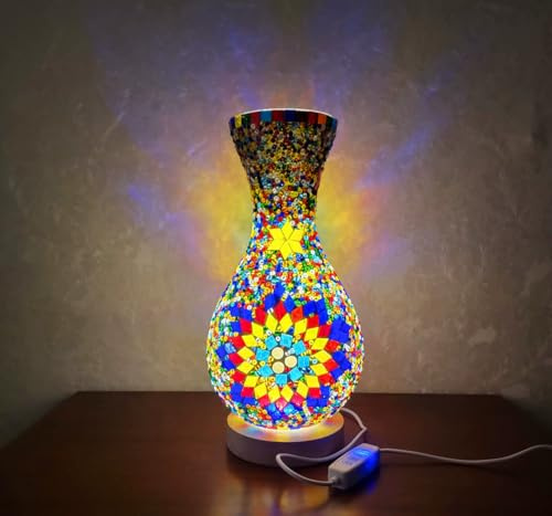 Maimeili Retro türkische Mosaik Vase Lampe türkische marokkanische Tischlampe bunte handgefertigte Glasvase mit Holzbasis für Blumen USB Lade Dekor Licht für Schlafzimmer Umgebung Wohnzimmer