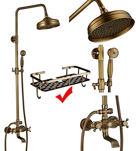 Ensemble de robinet de douche en laiton antique de 20,3 cm - Colonne de douche en céramique - Bec pivotant - Double boutons - Robinet mitigeur élégant pour salle de bain vintage